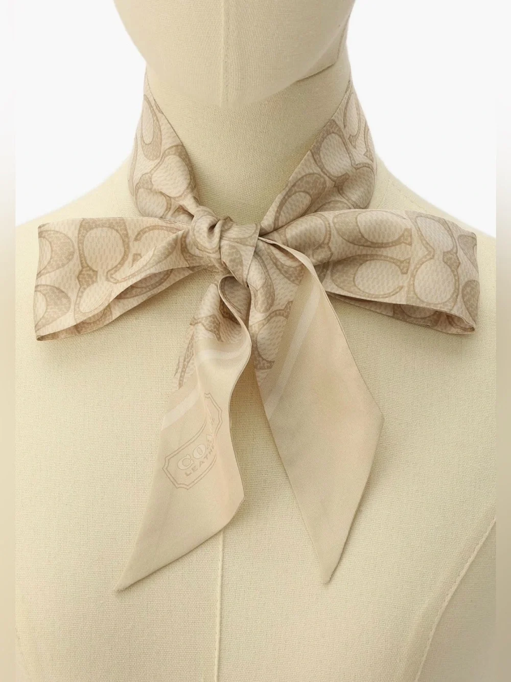 NWT🌾Coach Textured Signature Print Silk Skinny Scarf Chalk C2783 Cream Hair Gift